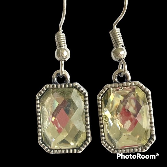 Emerald Radiant Cut Yellow Topaz Crystal Earrings Silver Tone Plated Dangle - Picture 5 of 12